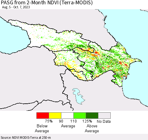 Azerbaijan, Armenia and Georgia PASG from 2-Month NDVI (Terra-MODIS) Thematic Map For 9/30/2023 - 10/7/2023