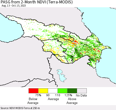 Azerbaijan, Armenia and Georgia PASG from 2-Month NDVI (Terra-MODIS) Thematic Map For 10/8/2023 - 10/15/2023