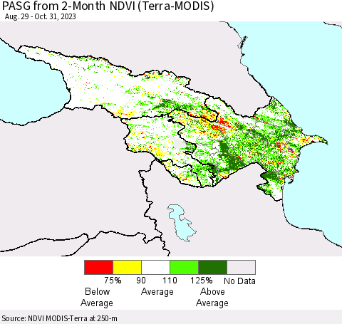 Azerbaijan, Armenia and Georgia PASG from 2-Month NDVI (Terra-MODIS) Thematic Map For 10/24/2023 - 10/31/2023