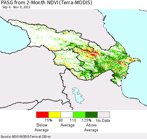 Azerbaijan, Armenia and Georgia PASG from 2-Month NDVI (Terra-MODIS) Thematic Map For 11/1/2023 - 11/8/2023
