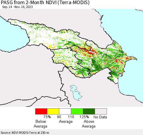 Azerbaijan, Armenia and Georgia PASG from 2-Month NDVI (Terra-MODIS) Thematic Map For 11/9/2023 - 11/16/2023