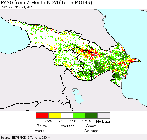 Azerbaijan, Armenia and Georgia PASG from 2-Month NDVI (Terra-MODIS) Thematic Map For 11/17/2023 - 11/24/2023