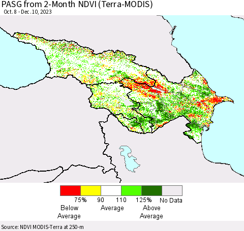 Azerbaijan, Armenia and Georgia PASG from 2-Month NDVI (Terra-MODIS) Thematic Map For 12/3/2023 - 12/10/2023
