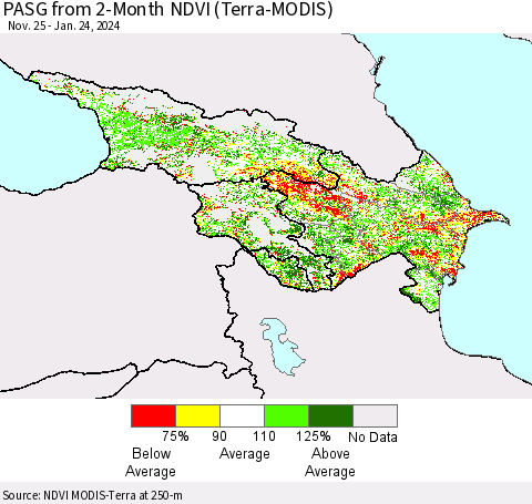 Azerbaijan, Armenia and Georgia PASG from 2-Month NDVI (Terra-MODIS) Thematic Map For 1/17/2024 - 1/24/2024