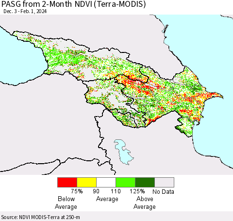 Azerbaijan, Armenia and Georgia PASG from 2-Month NDVI (Terra-MODIS) Thematic Map For 1/25/2024 - 2/1/2024