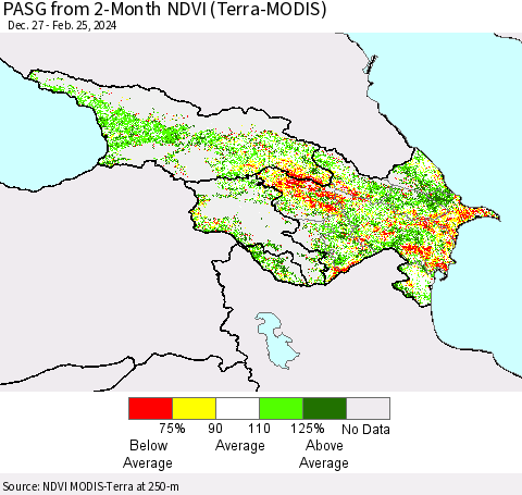 Azerbaijan, Armenia and Georgia PASG from 2-Month NDVI (Terra-MODIS) Thematic Map For 2/18/2024 - 2/25/2024