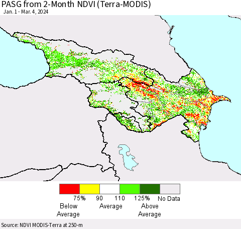 Azerbaijan, Armenia and Georgia PASG from 2-Month NDVI (Terra-MODIS) Thematic Map For 2/26/2024 - 3/4/2024
