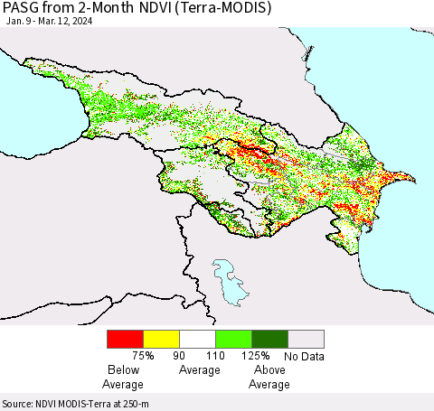 Azerbaijan, Armenia and Georgia PASG from 2-Month NDVI (Terra-MODIS) Thematic Map For 3/5/2024 - 3/12/2024