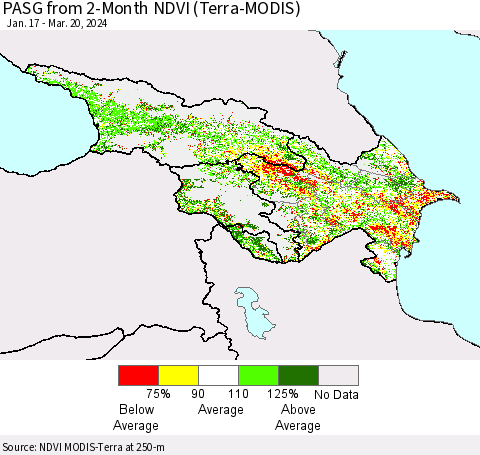 Azerbaijan, Armenia and Georgia PASG from 2-Month NDVI (Terra-MODIS) Thematic Map For 3/13/2024 - 3/20/2024