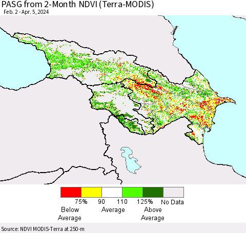 Azerbaijan, Armenia and Georgia PASG from 2-Month NDVI (Terra-MODIS) Thematic Map For 3/29/2024 - 4/5/2024