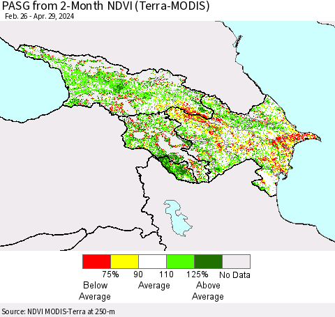 Azerbaijan, Armenia and Georgia PASG from 2-Month NDVI (Terra-MODIS) Thematic Map For 4/22/2024 - 4/29/2024