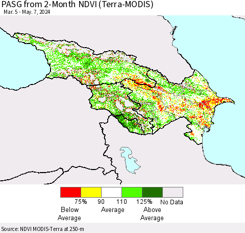 Azerbaijan, Armenia and Georgia PASG from 2-Month NDVI (Terra-MODIS) Thematic Map For 4/30/2024 - 5/7/2024
