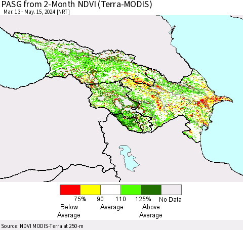 Azerbaijan, Armenia and Georgia PASG from 2-Month NDVI (Terra-MODIS) Thematic Map For 5/8/2024 - 5/15/2024