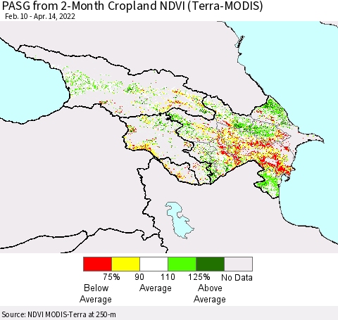Azerbaijan, Armenia and Georgia PASG from 2-Month Cropland NDVI (Terra-MODIS) Thematic Map For 4/7/2022 - 4/14/2022