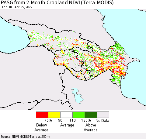 Azerbaijan, Armenia and Georgia PASG from 2-Month Cropland NDVI (Terra-MODIS) Thematic Map For 4/15/2022 - 4/22/2022