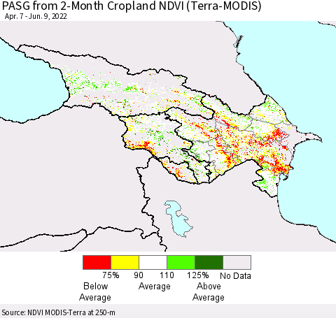 Azerbaijan, Armenia and Georgia PASG from 2-Month Cropland NDVI (Terra-MODIS) Thematic Map For 6/2/2022 - 6/9/2022