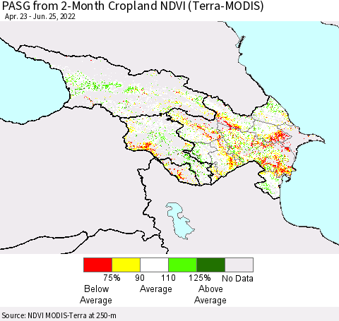 Azerbaijan, Armenia and Georgia PASG from 2-Month Cropland NDVI (Terra-MODIS) Thematic Map For 6/18/2022 - 6/25/2022