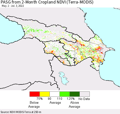 Azerbaijan, Armenia and Georgia PASG from 2-Month Cropland NDVI (Terra-MODIS) Thematic Map For 6/26/2022 - 7/3/2022