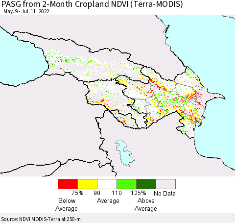 Azerbaijan, Armenia and Georgia PASG from 2-Month Cropland NDVI (Terra-MODIS) Thematic Map For 7/4/2022 - 7/11/2022