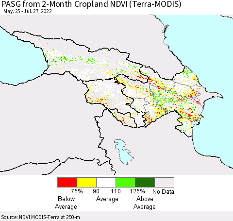 Azerbaijan, Armenia and Georgia PASG from 2-Month Cropland NDVI (Terra-MODIS) Thematic Map For 7/20/2022 - 7/27/2022
