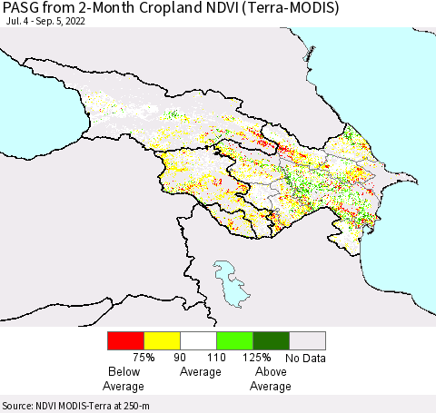 Azerbaijan, Armenia and Georgia PASG from 2-Month Cropland NDVI (Terra-MODIS) Thematic Map For 8/29/2022 - 9/5/2022