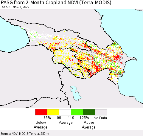 Azerbaijan, Armenia and Georgia PASG from 2-Month Cropland NDVI (Terra-MODIS) Thematic Map For 11/1/2022 - 11/8/2022