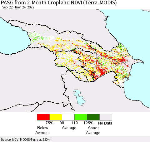 Azerbaijan, Armenia and Georgia PASG from 2-Month Cropland NDVI (Terra-MODIS) Thematic Map For 11/17/2022 - 11/24/2022