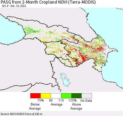 Azerbaijan, Armenia and Georgia PASG from 2-Month Cropland NDVI (Terra-MODIS) Thematic Map For 12/3/2022 - 12/10/2022