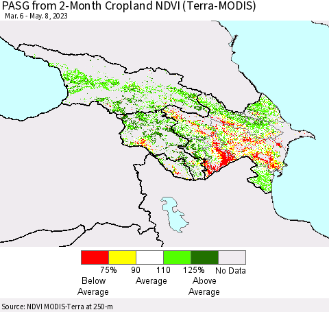 Azerbaijan, Armenia and Georgia PASG from 2-Month Cropland NDVI (Terra-MODIS) Thematic Map For 5/1/2023 - 5/8/2023