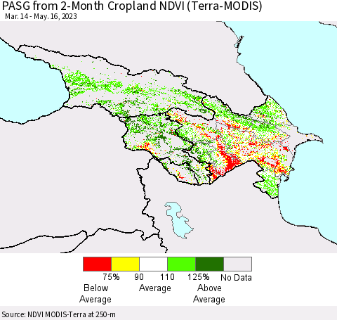 Azerbaijan, Armenia and Georgia PASG from 2-Month Cropland NDVI (Terra-MODIS) Thematic Map For 5/9/2023 - 5/16/2023