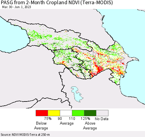 Azerbaijan, Armenia and Georgia PASG from 2-Month Cropland NDVI (Terra-MODIS) Thematic Map For 5/25/2023 - 6/1/2023