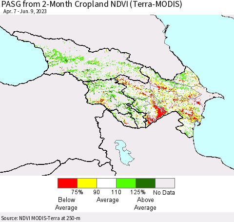 Azerbaijan, Armenia and Georgia PASG from 2-Month Cropland NDVI (Terra-MODIS) Thematic Map For 6/2/2023 - 6/9/2023