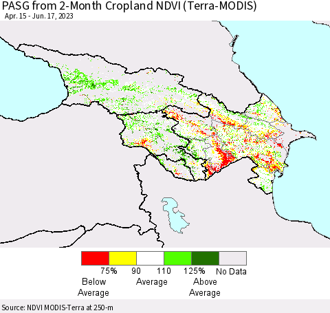 Azerbaijan, Armenia and Georgia PASG from 2-Month Cropland NDVI (Terra-MODIS) Thematic Map For 6/10/2023 - 6/17/2023