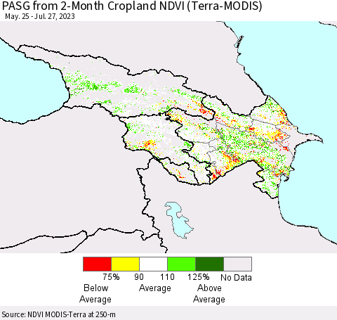 Azerbaijan, Armenia and Georgia PASG from 2-Month Cropland NDVI (Terra-MODIS) Thematic Map For 7/20/2023 - 7/27/2023