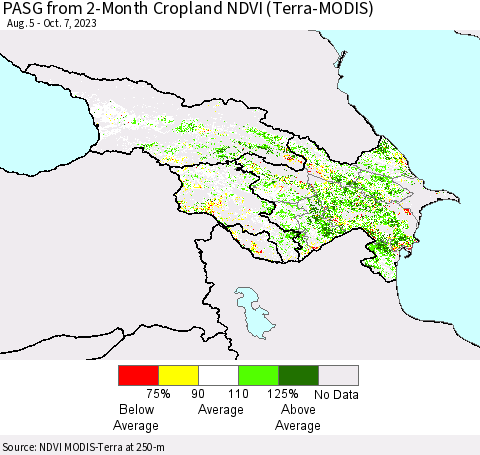 Azerbaijan, Armenia and Georgia PASG from 2-Month Cropland NDVI (Terra-MODIS) Thematic Map For 9/30/2023 - 10/7/2023