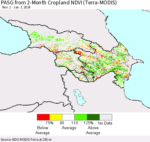 Azerbaijan, Armenia and Georgia PASG from 2-Month Cropland NDVI (Terra-MODIS) Thematic Map For 12/27/2023 - 1/3/2024