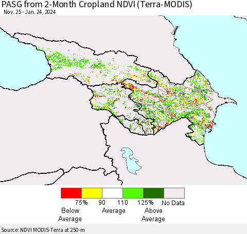 Azerbaijan, Armenia and Georgia PASG from 2-Month Cropland NDVI (Terra-MODIS) Thematic Map For 1/17/2024 - 1/24/2024