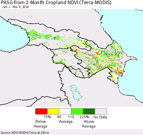Azerbaijan, Armenia and Georgia PASG from 2-Month Cropland NDVI (Terra-MODIS) Thematic Map For 2/26/2024 - 3/4/2024