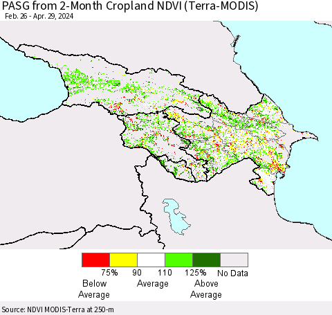 Azerbaijan, Armenia and Georgia PASG from 2-Month Cropland NDVI (Terra-MODIS) Thematic Map For 4/22/2024 - 4/29/2024