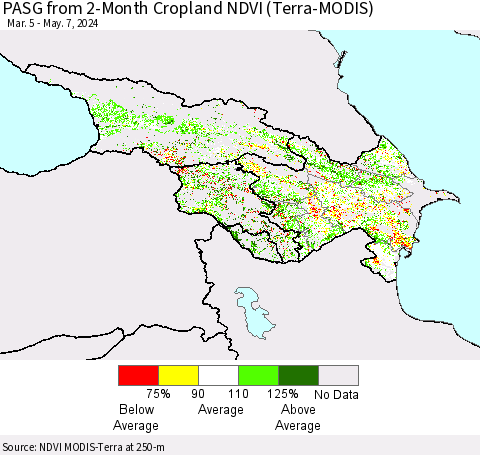 Azerbaijan, Armenia and Georgia PASG from 2-Month Cropland NDVI (Terra-MODIS) Thematic Map For 4/30/2024 - 5/7/2024