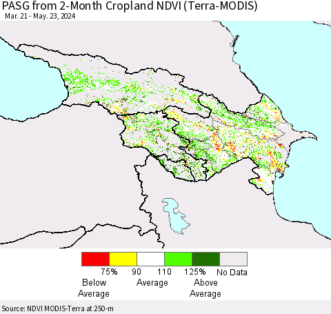 Azerbaijan, Armenia and Georgia PASG from 2-Month Cropland NDVI (Terra-MODIS) Thematic Map For 5/16/2024 - 5/23/2024