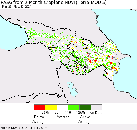 Azerbaijan, Armenia and Georgia PASG from 2-Month Cropland NDVI (Terra-MODIS) Thematic Map For 5/24/2024 - 5/31/2024