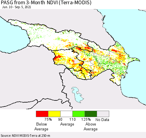 Azerbaijan, Armenia and Georgia PASG from 3-Month NDVI (Terra-MODIS) Thematic Map For 8/29/2021 - 9/5/2021