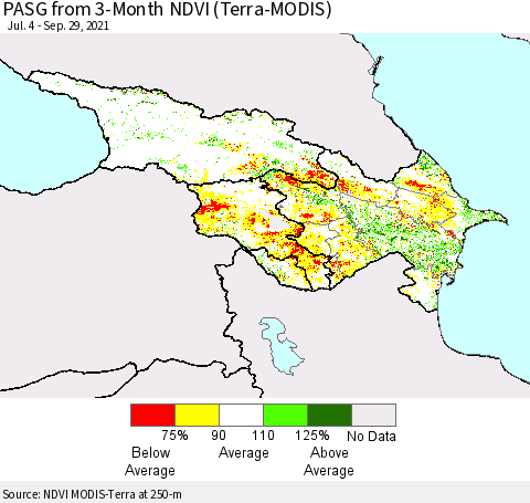 Azerbaijan, Armenia and Georgia PASG from 3-Month NDVI (Terra-MODIS) Thematic Map For 9/22/2021 - 9/29/2021