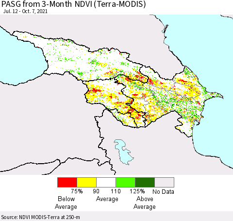 Azerbaijan, Armenia and Georgia PASG from 3-Month NDVI (Terra-MODIS) Thematic Map For 9/30/2021 - 10/7/2021