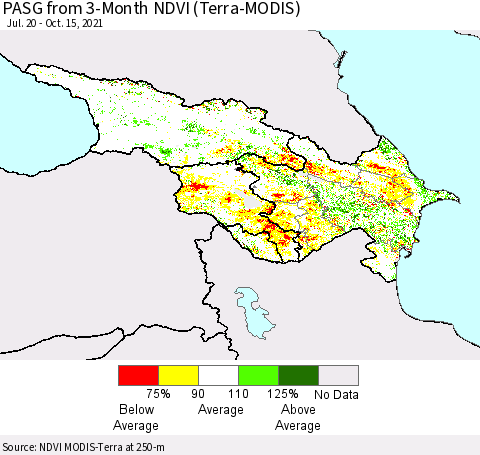 Azerbaijan, Armenia and Georgia PASG from 3-Month NDVI (Terra-MODIS) Thematic Map For 10/8/2021 - 10/15/2021