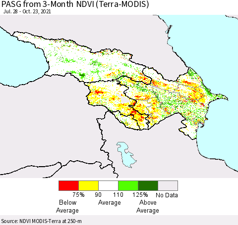 Azerbaijan, Armenia and Georgia PASG from 3-Month NDVI (Terra-MODIS) Thematic Map For 10/16/2021 - 10/23/2021