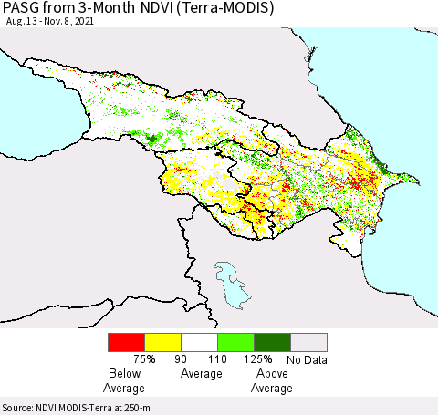 Azerbaijan, Armenia and Georgia PASG from 3-Month NDVI (Terra-MODIS) Thematic Map For 11/1/2021 - 11/8/2021