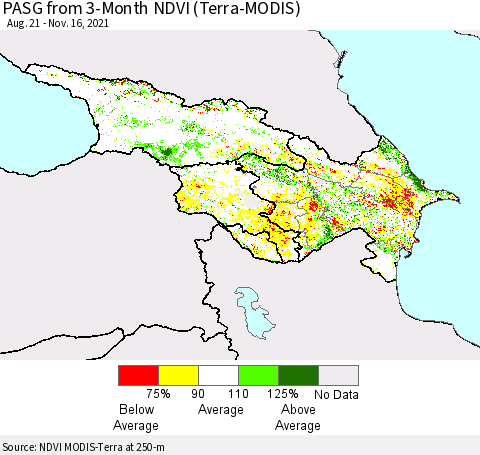 Azerbaijan, Armenia and Georgia PASG from 3-Month NDVI (Terra-MODIS) Thematic Map For 11/9/2021 - 11/16/2021