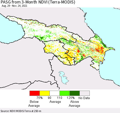 Azerbaijan, Armenia and Georgia PASG from 3-Month NDVI (Terra-MODIS) Thematic Map For 11/17/2021 - 11/24/2021